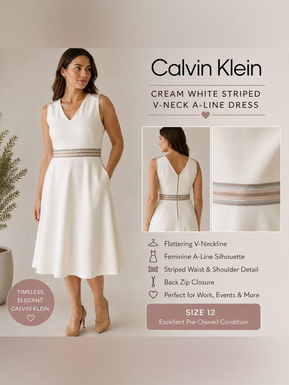 Calvin Klein NWT Cream White Striped V-Neck A-Line Dress Size 12